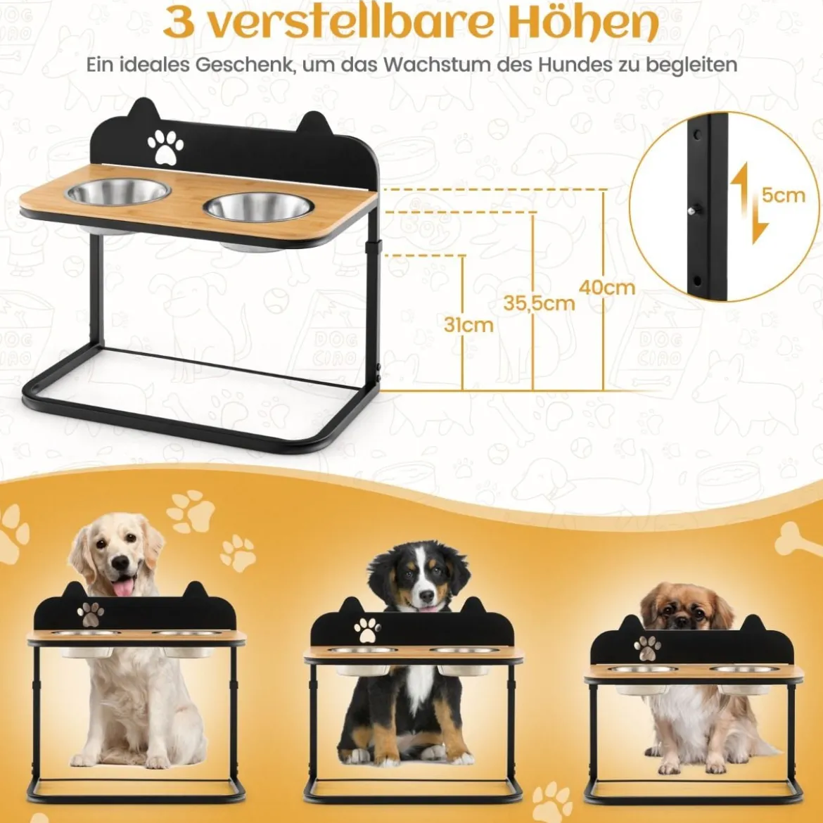 Erhöhte Fressnäpfe mit 2 Futter & Wassernäpfen aus Edelstahl & Marker 3-fach höhenverstellbare Schwarz