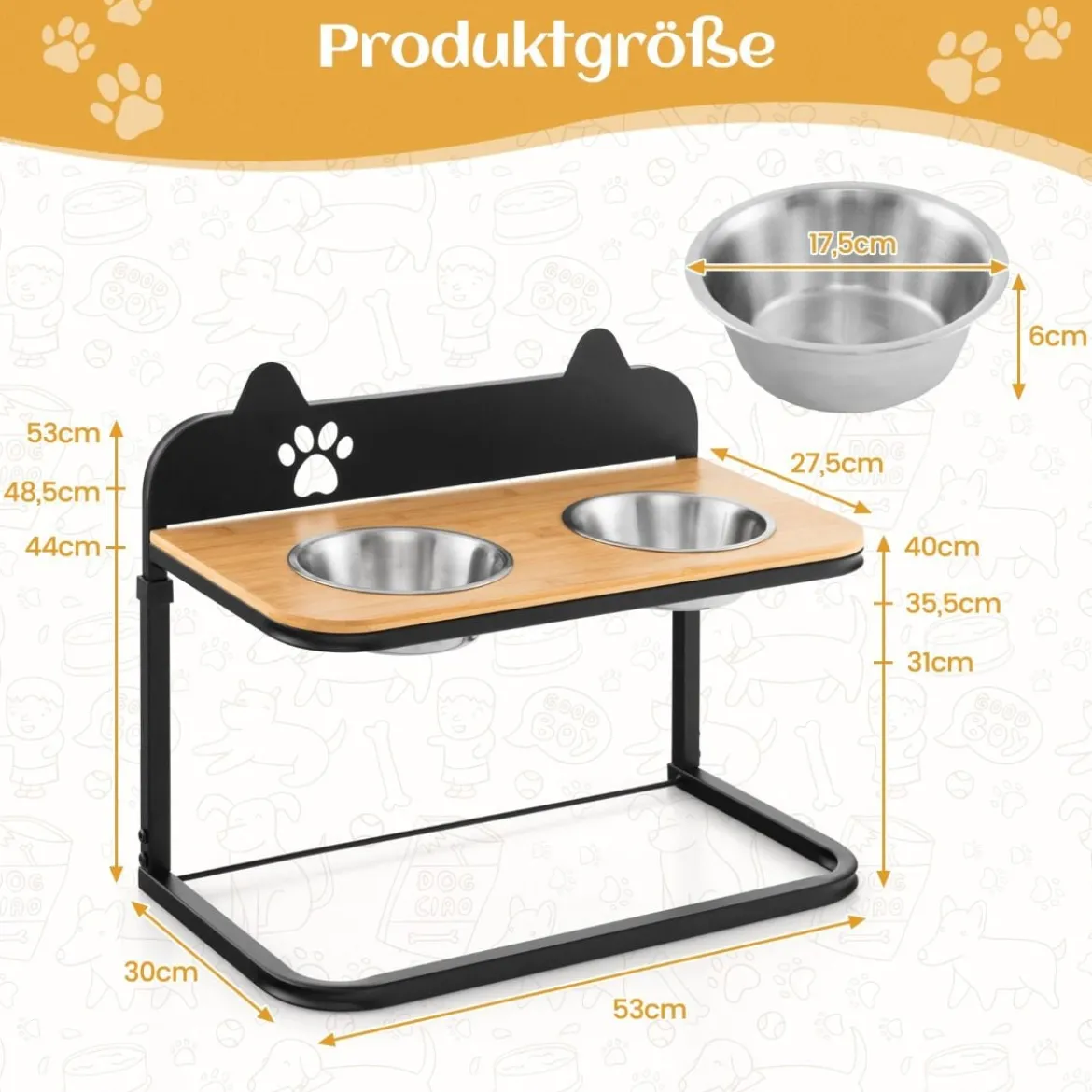 Erhöhte Fressnäpfe mit 2 Futter & Wassernäpfen aus Edelstahl & Marker 3-fach höhenverstellbare Schwarz