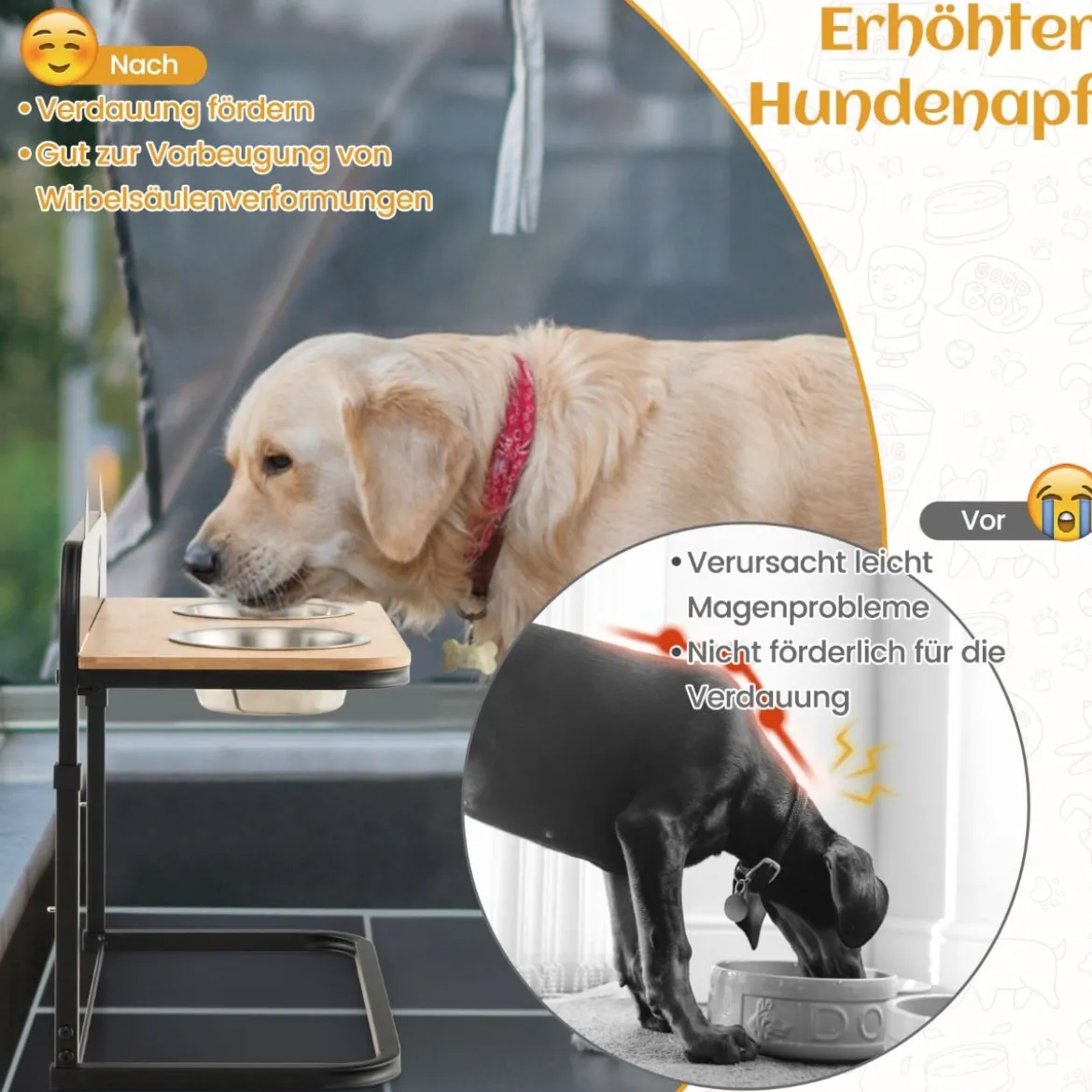 Erhöhte Fressnäpfe mit 2 Futter & Wassernäpfen aus Edelstahl & Marker 3-fach höhenverstellbare Schwarz
