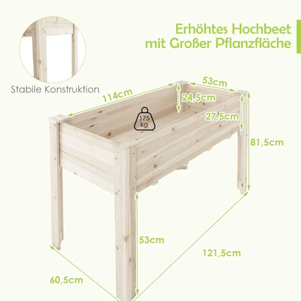Erhöhter Pflanzkasten aus Holz mit Bodenauskleidung und großem Fassungsvermögen 121,5 x 60,5 x 81,5 cm Holzfarbe
