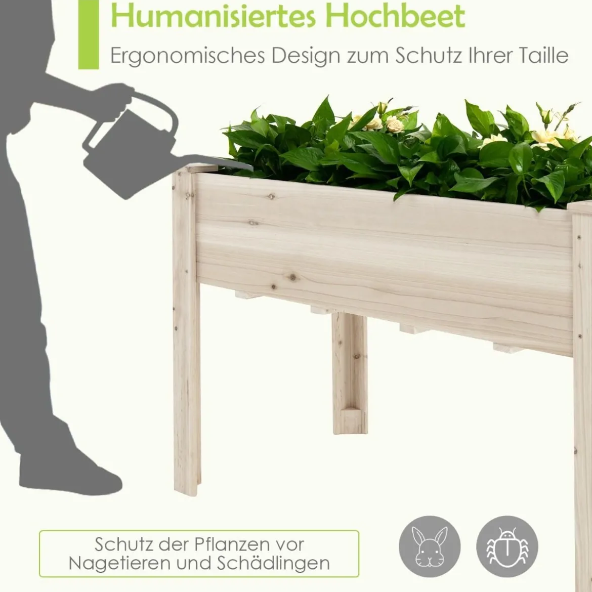 Erhöhter Pflanzkasten aus Holz mit Bodenauskleidung und großem Fassungsvermögen 121,5 x 60,5 x 81,5 cm Holzfarbe