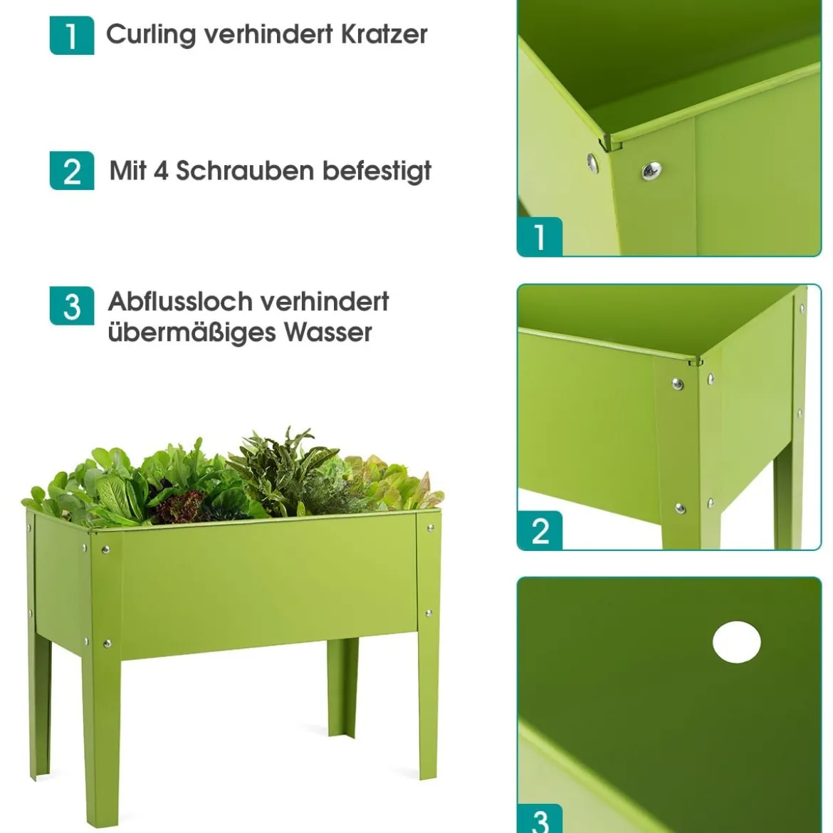 Erhöhter Pflanzkasten Metall-Hochbeet mit reichlich Pflanzfläche Pflanzkasten mit 2 Drainagelöchern 60 x 30 x 45cm