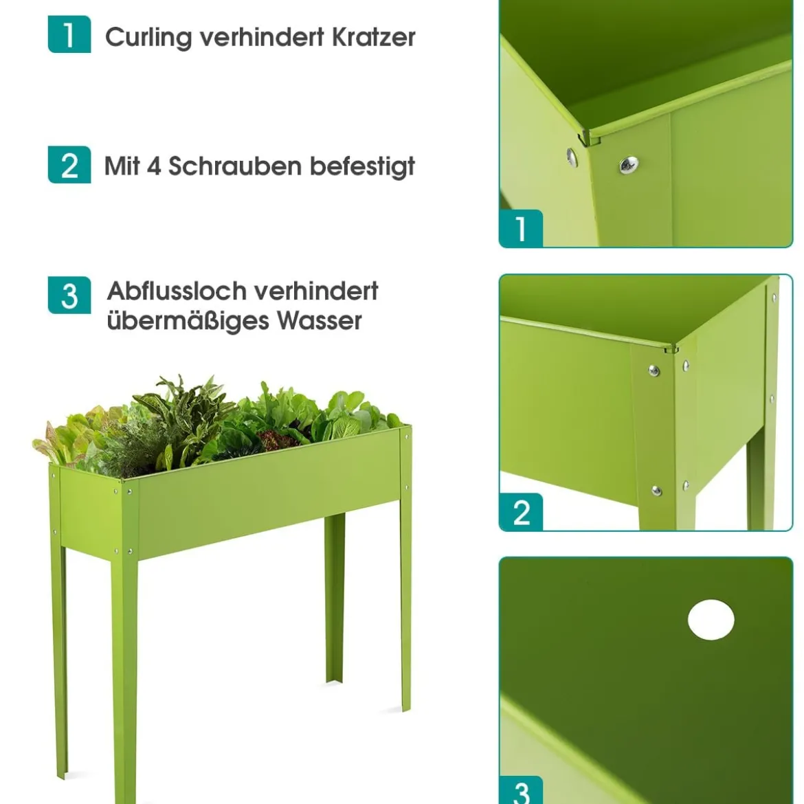 Erhöhter Pflanzkasten Metall-Hochbeet mit reichlich Pflanzfläche Pflanzkasten mit 2 Drainagelöchern Grün