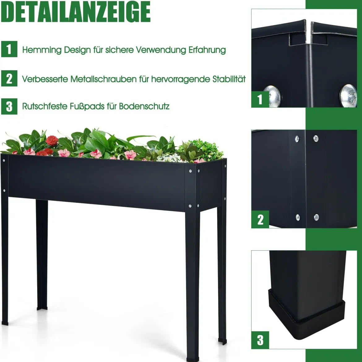 Erhöhter Pflanzkasten mit 2 Drainagelöchern Metall Hochbeet Pflanzkasten Grau