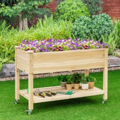 Erhöhtes Gartenbeet Pflanzkasten aus Holz mit Feststellbaren Rädern 120 x 59 x 84 cm Natur