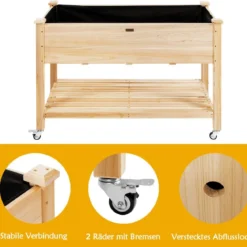 Erhöhtes Gartenbeet Pflanzkasten aus Holz mit Feststellbaren Rädern 120 x 59 x 84 cm Natur