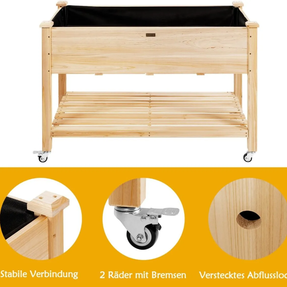 Erhöhtes Gartenbeet Pflanzkasten aus Holz mit Feststellbaren Rädern 120 x 59 x 84 cm Natur