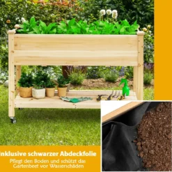 Erhöhtes Gartenbeet Pflanzkasten aus Holz mit Feststellbaren Rädern 120 x 59 x 84 cm Natur
