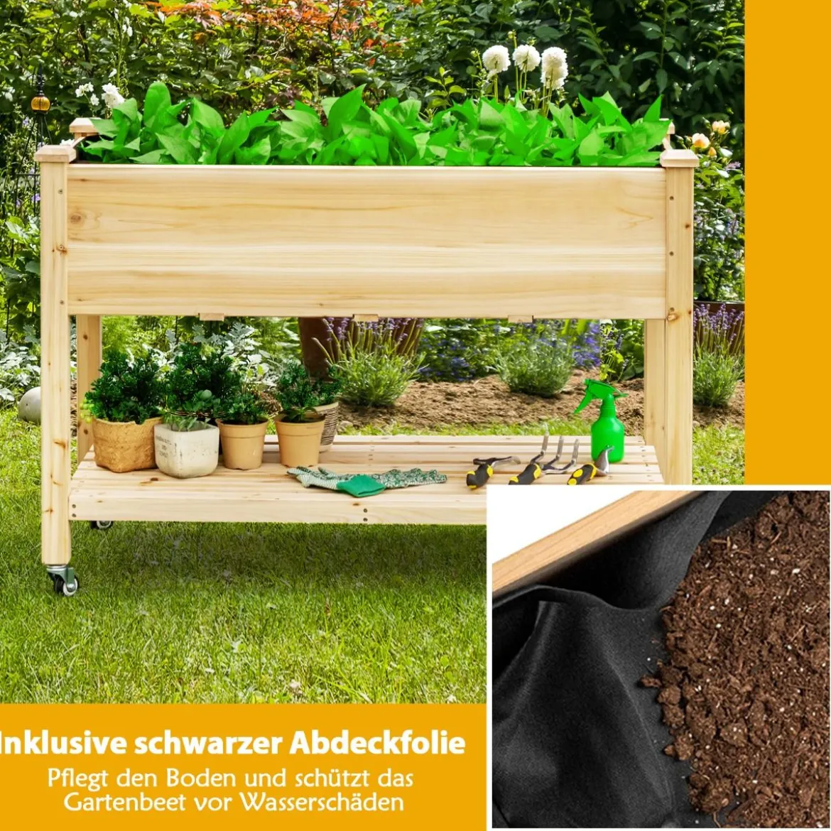 Erhöhtes Gartenbeet Pflanzkasten aus Holz mit Feststellbaren Rädern 120 x 59 x 84 cm Natur