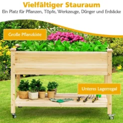 Erhöhtes Gartenbeet Pflanzkasten aus Holz mit Feststellbaren Rädern 120 x 59 x 84 cm Natur