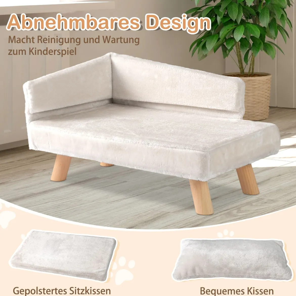 Erhöhtes Haustierbett für mittelgroße & kleine Haustiere Hundesofa mit abnehmbarem gepolstertem Kissen & Kopfkissen Weiß