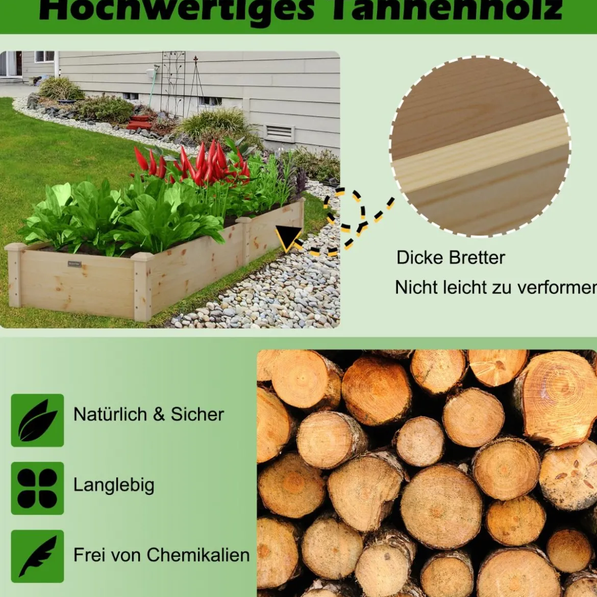 Erhöhtes Holzbeet Outdoor-Holzpflanzkasten für Gemüse 240 x 60 x 25 cm Natur