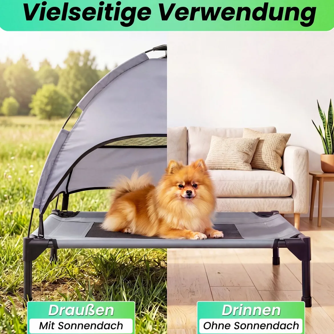 Erhöhtes Hundebett mit Baldachin Wetterfeste Hundeliege mit Abnehmbare Sonnendach 78,5 x 63 x 70 cm