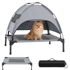 Erhöhtes Hundebett mit Baldachin Wetterfeste Hundeliege mit Abnehmbare Sonnendach 78,5 x 63 x 70 cm