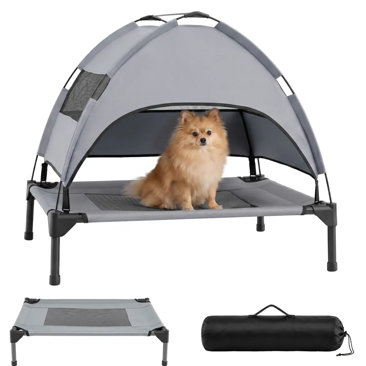 Erhöhtes Hundebett mit Baldachin Wetterfeste Hundeliege mit Abnehmbare Sonnendach 78,5 x 63 x 70 cm