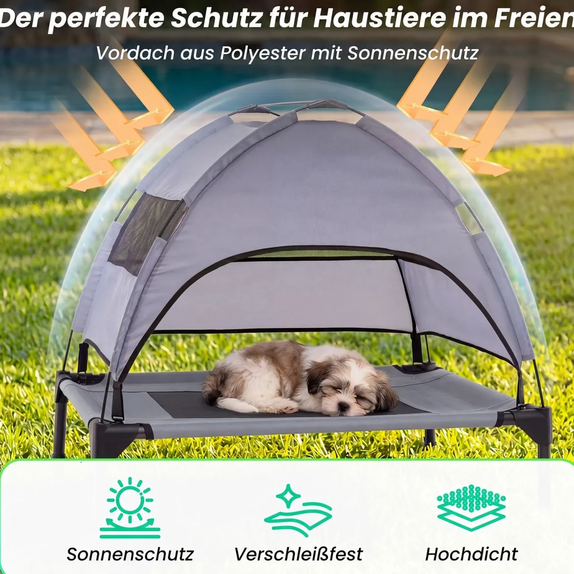 Erhöhtes Hundebett mit Baldachin Wetterfeste Hundeliege mit Abnehmbare Sonnendach 78,5 x 63 x 70 cm