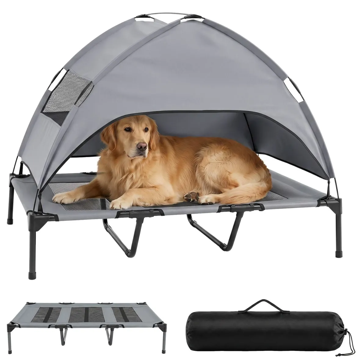 Erhöhtes Hundebett mit Baldachin Wetterfeste Hundeliege mit Abnehmbare Sonnendach 122,5 x 91 x 95 cm