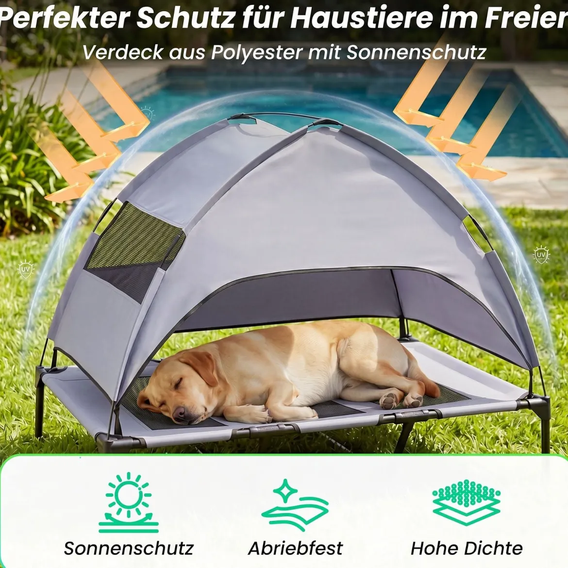 Erhöhtes Hundebett mit Baldachin Wetterfeste Hundeliege mit Abnehmbare Sonnendach 122,5 x 91 x 95 cm