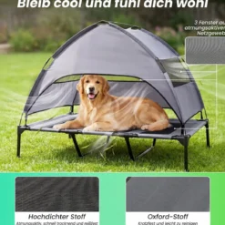 Erhöhtes Hundebett mit Baldachin Wetterfeste Hundeliege mit Abnehmbare Sonnendach 122,5 x 91 x 95 cm