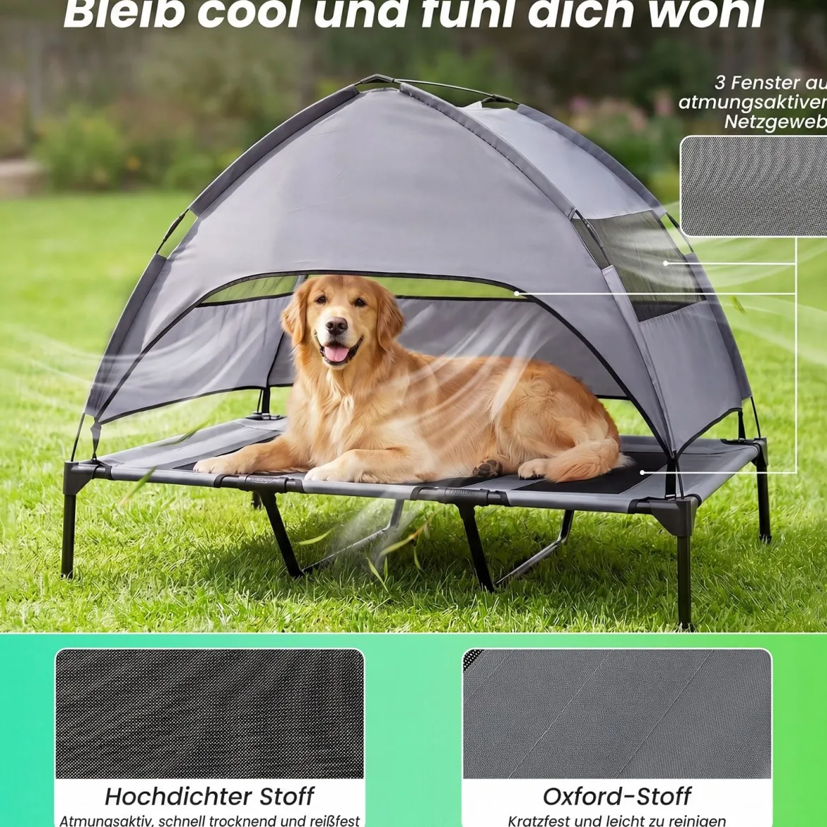 Erhöhtes Hundebett mit Baldachin Wetterfeste Hundeliege mit Abnehmbare Sonnendach 122,5 x 91 x 95 cm