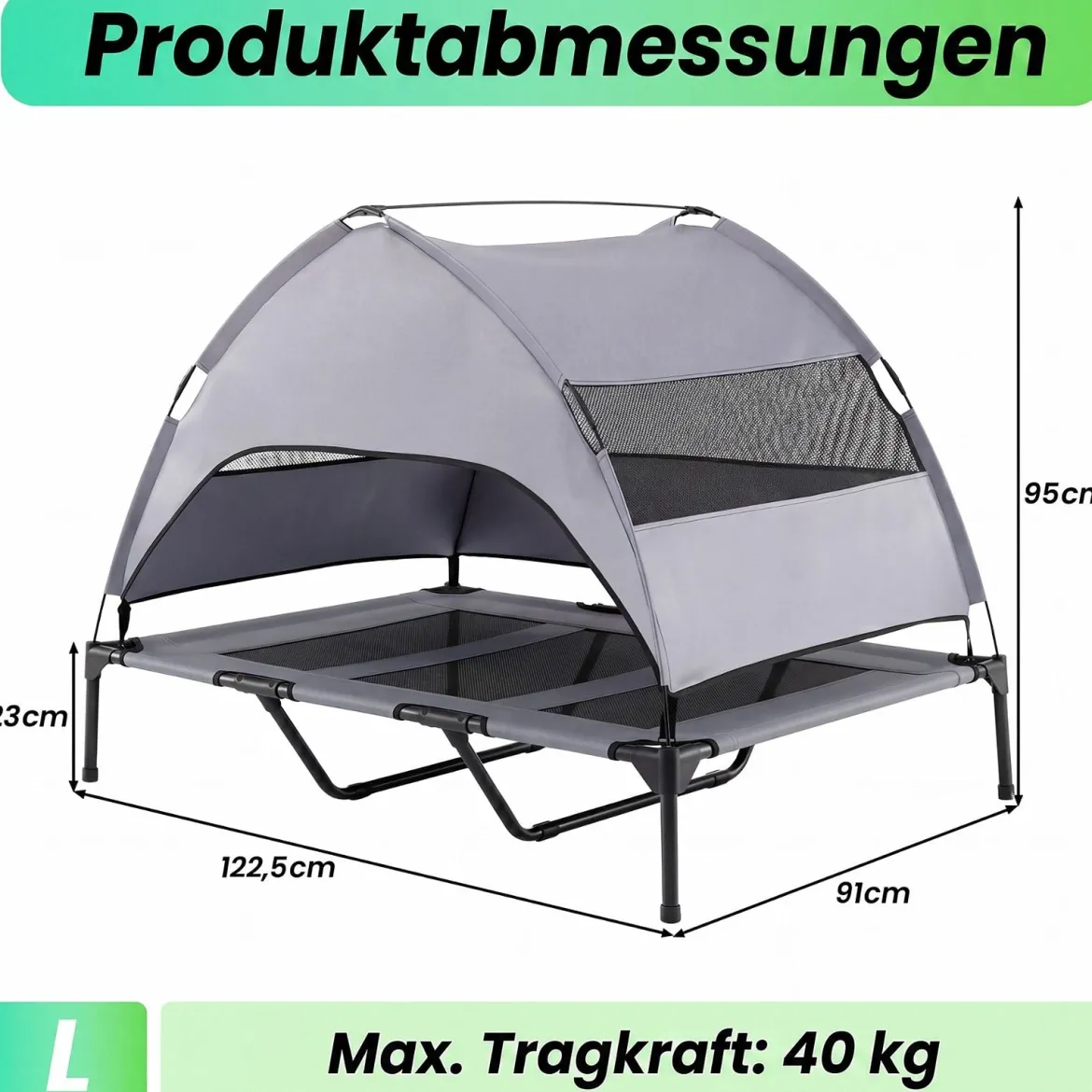 Erhöhtes Hundebett mit Baldachin Wetterfeste Hundeliege mit Abnehmbare Sonnendach 122,5 x 91 x 95 cm