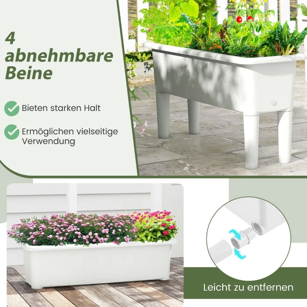2er Hochbeet Gartenbeet aus Kunststoff 29 L Pflanzkasten mit abnehmbaren Beinen & Drainageloch Weiß