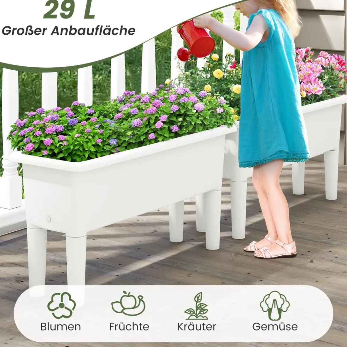 2er Hochbeet Gartenbeet aus Kunststoff 29 L Pflanzkasten mit abnehmbaren Beinen & Drainageloch Weiß