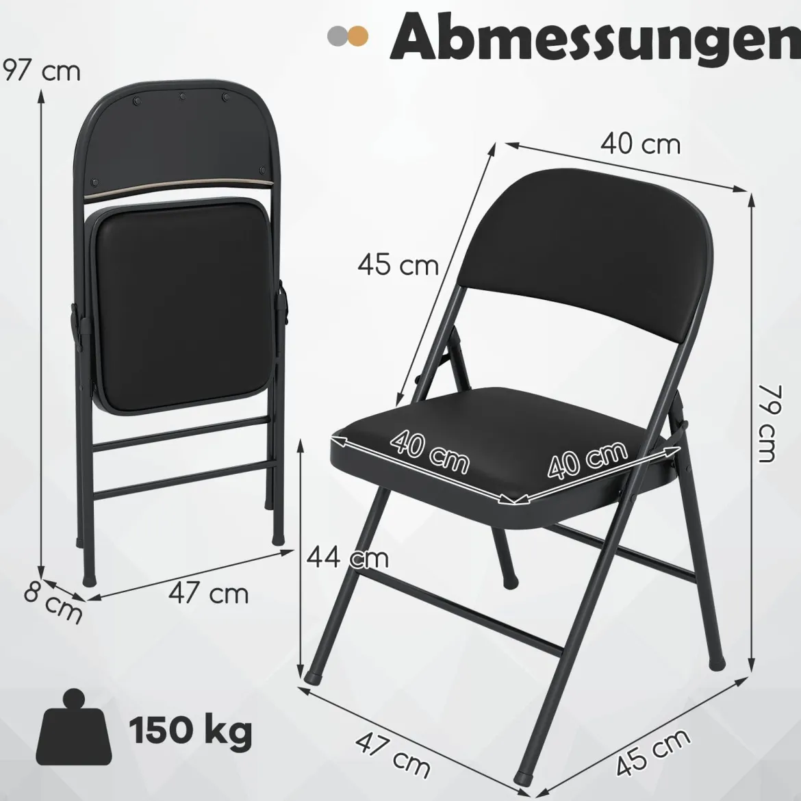 4er Klappstühle Gartenstuhl klappbar Campingstuhl Kunstleder mit Metallrahmen Esszimmertühle gepolstert bis 150KG belastbar Schwarz