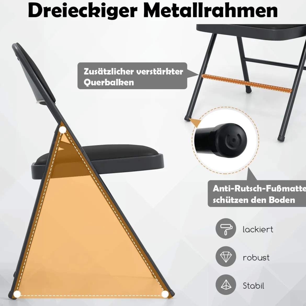 4er Klappstühle Gartenstuhl klappbar Campingstuhl Kunstleder mit Metallrahmen Esszimmertühle gepolstert bis 150KG belastbar Schwarz
