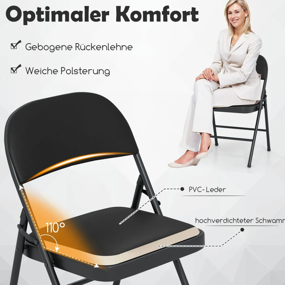 4er Klappstühle Gartenstuhl klappbar Campingstuhl Kunstleder mit Metallrahmen Esszimmertühle gepolstert bis 150KG belastbar Schwarz