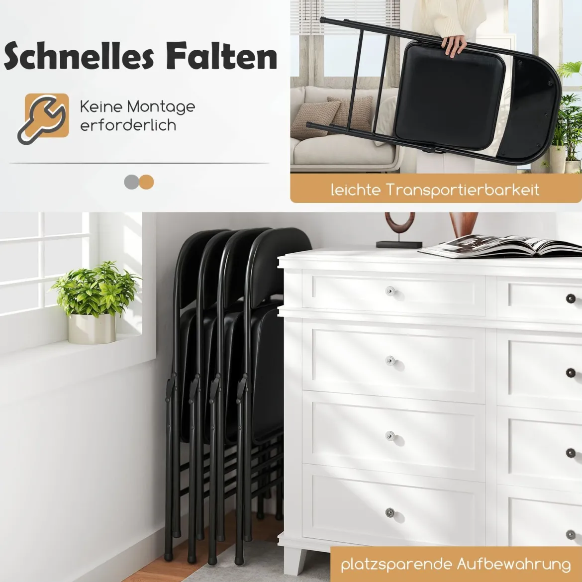 4er Klappstühle Gartenstuhl klappbar Campingstuhl Kunstleder mit Metallrahmen Esszimmertühle gepolstert bis 150KG belastbar Schwarz
