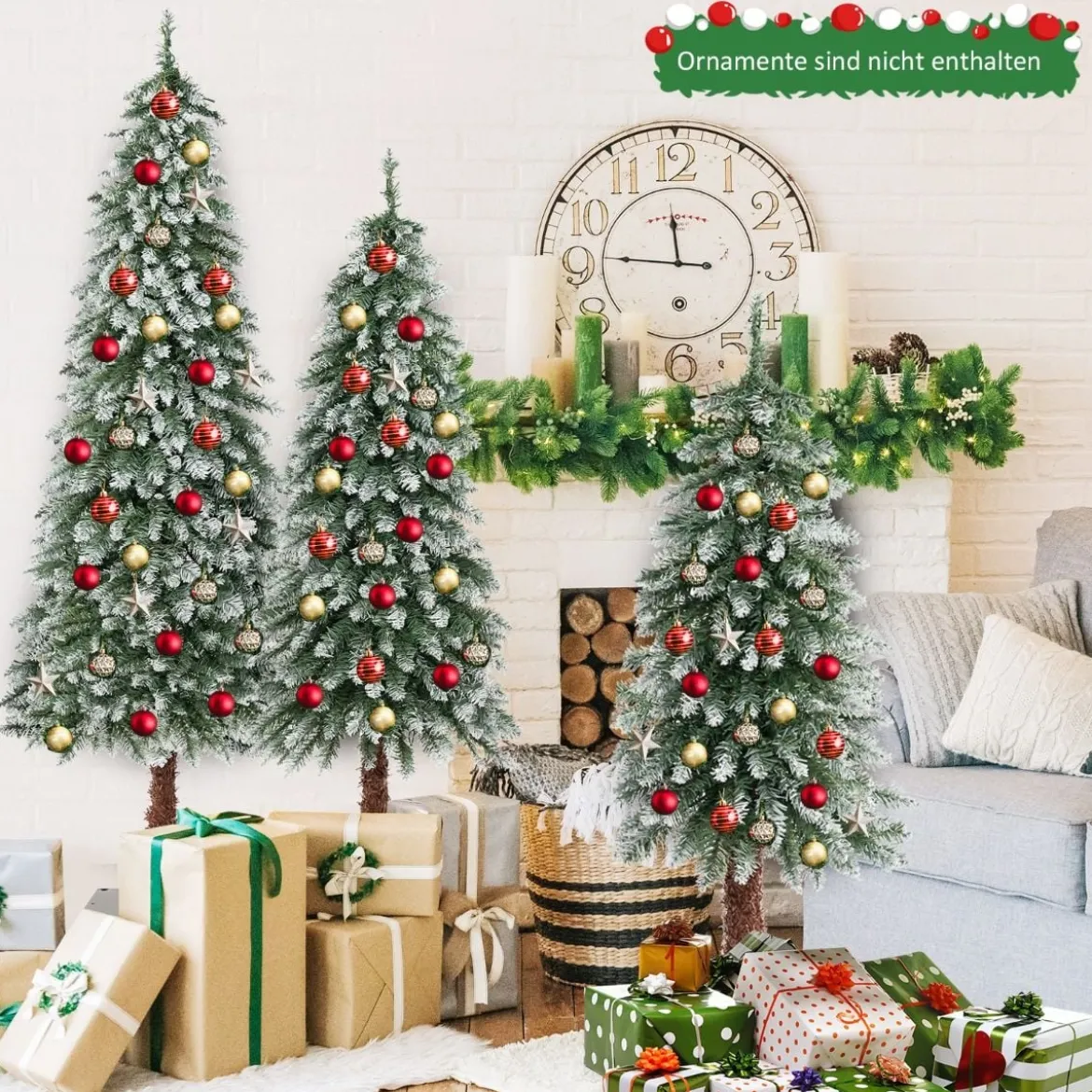 3er Künstlicher Weihnachtsbaum mit Schnee & LED-Lichtern & Metallständer Christbaum