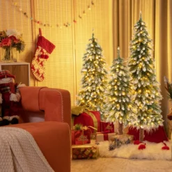 3er Künstlicher Weihnachtsbaum mit Schnee & LED-Lichtern & Metallständer Christbaum