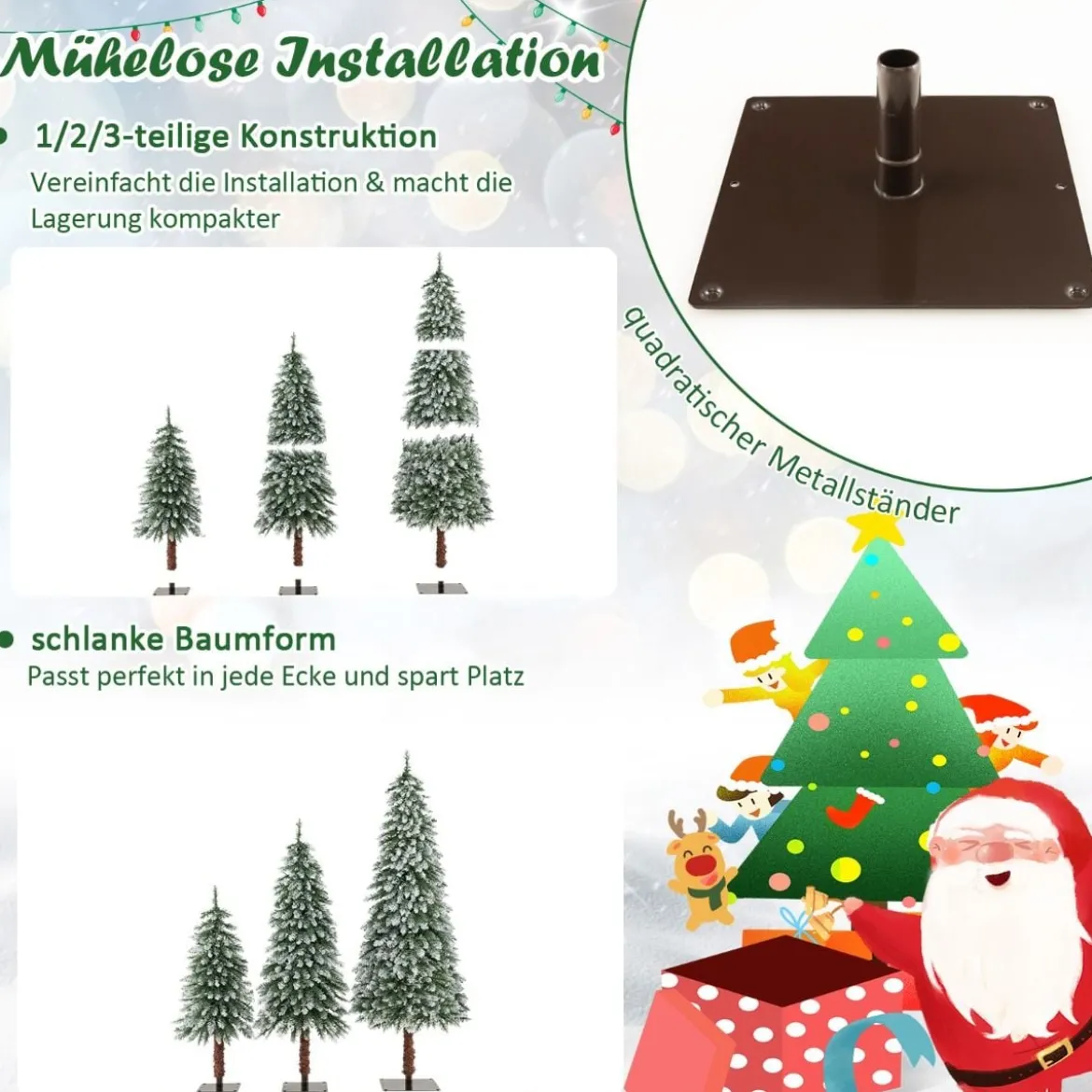 3er Künstlicher Weihnachtsbaum mit Schnee & LED-Lichtern & Metallständer Christbaum