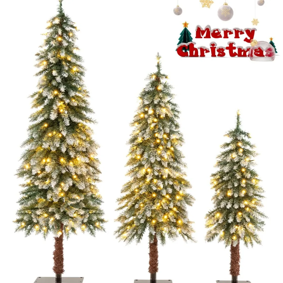 3er Künstlicher Weihnachtsbaum mit Schnee & LED-Lichtern & Metallständer Christbaum