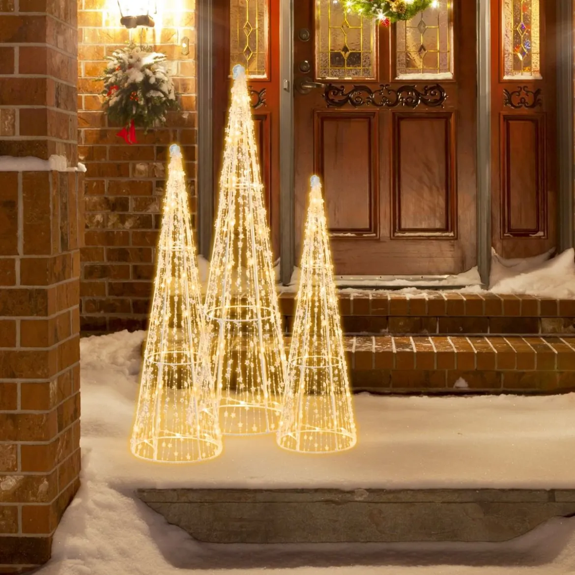 3er LED Weihnachtsbaum Kegelform mit Lichterkette & Sternschnüren Beleuchtete Weihnachtsdeko