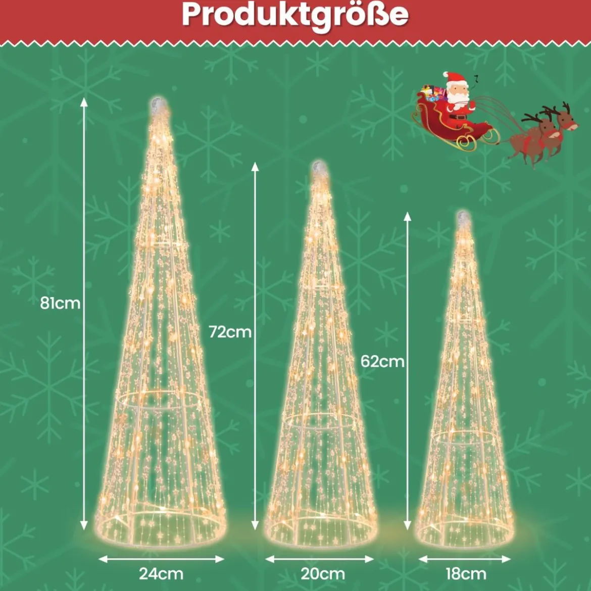 3er LED Weihnachtsbaum Kegelform mit Lichterkette & Sternschnüren Beleuchtete Weihnachtsdeko