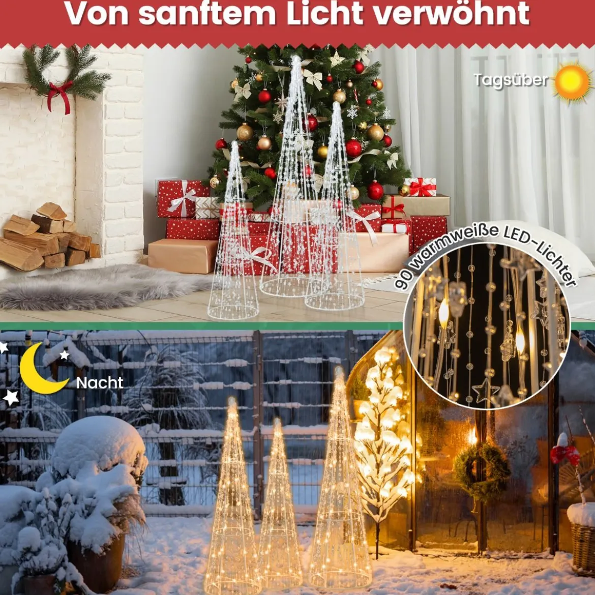 3er LED Weihnachtsbaum Kegelform mit Lichterkette & Sternschnüren Beleuchtete Weihnachtsdeko