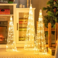3er LED Weihnachtsbaum Kegelform mit Lichterkette & Sternschnüren Beleuchtete Weihnachtsdeko