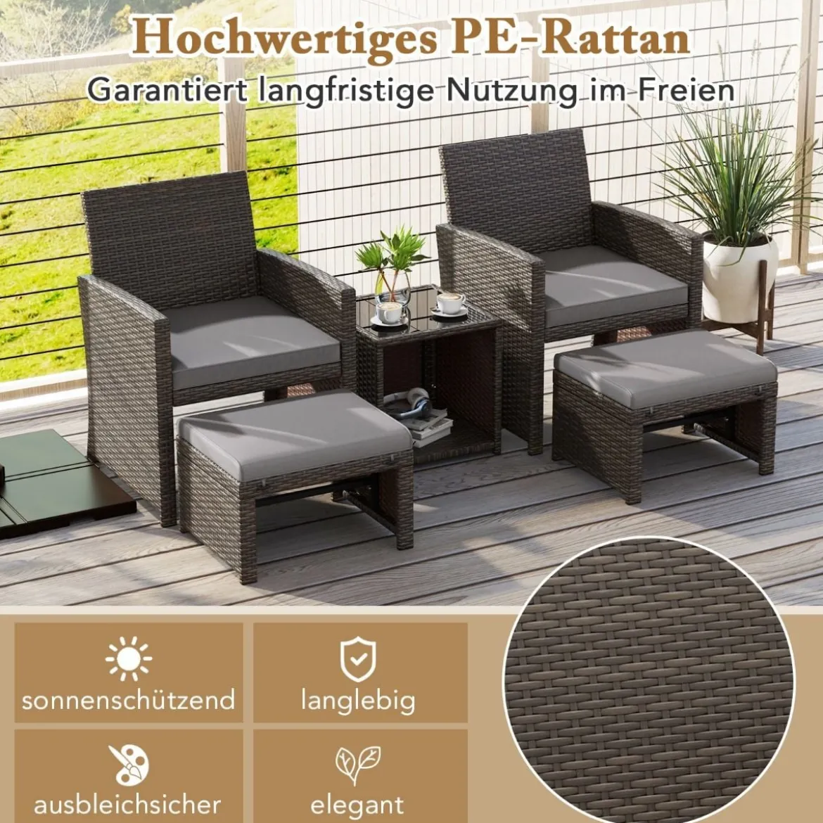 5er Möbel-Set Rattan Set Möbel Terrasse Sitzgruppe Sitzgarnitur Braun + Grau