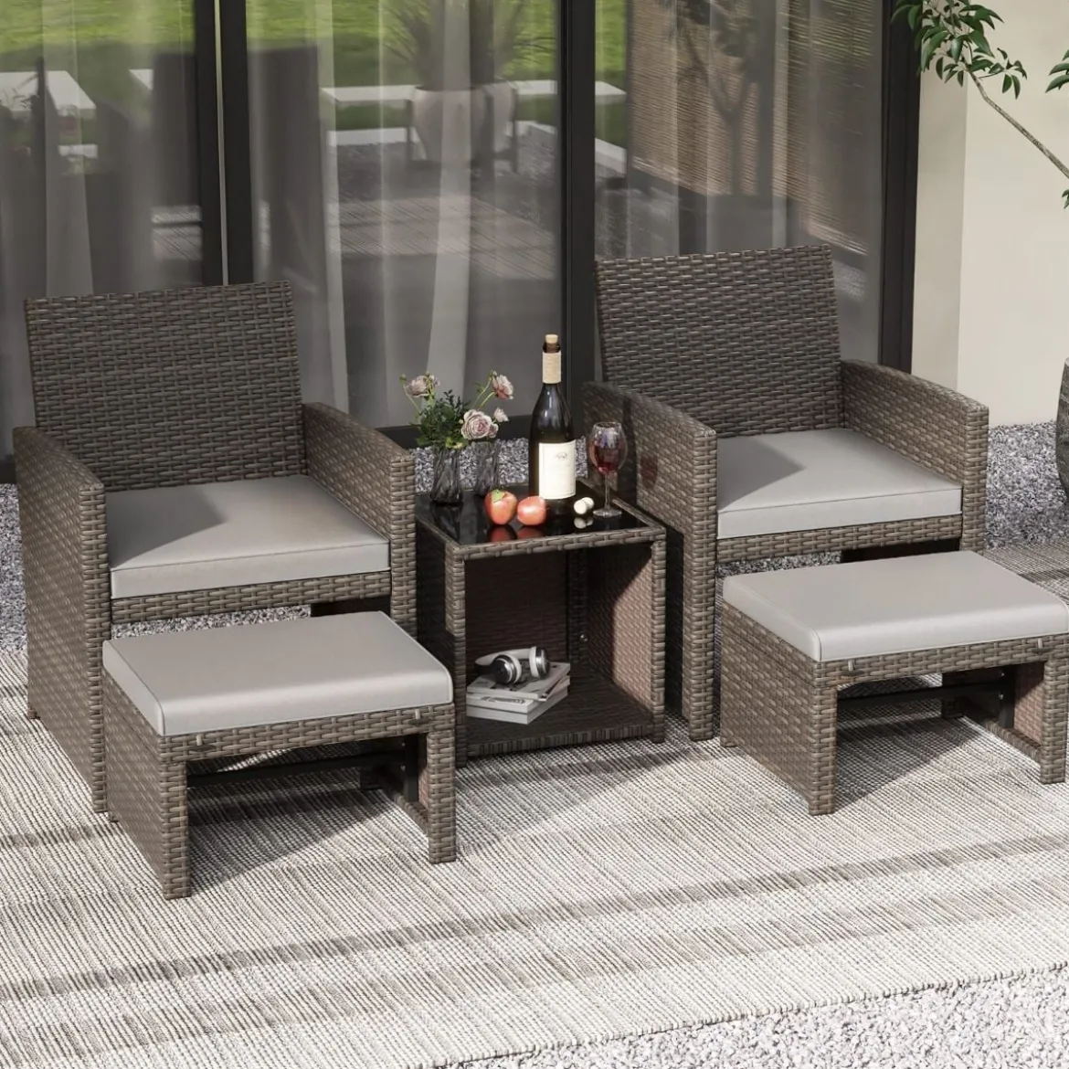 5er Möbel-Set Rattan Set Möbel Terrasse Sitzgruppe Sitzgarnitur Braun + Grau