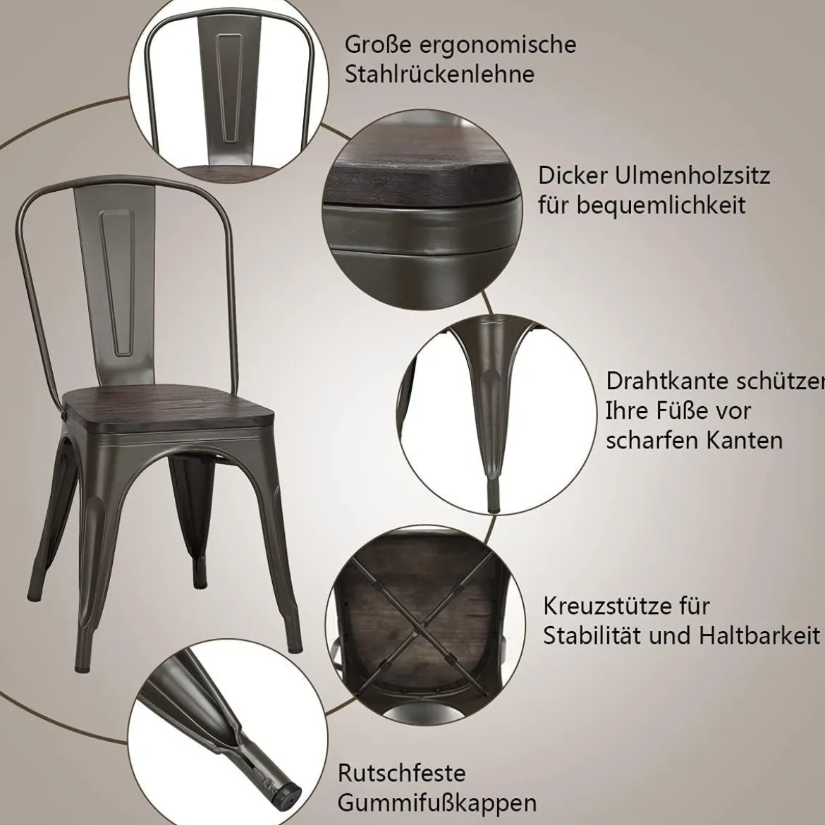 4er Metallstuhl Esszimmerstuhl mit Rückenlehne & Metallkonstruktion Bistrohstuhl Barstuhl Bronze