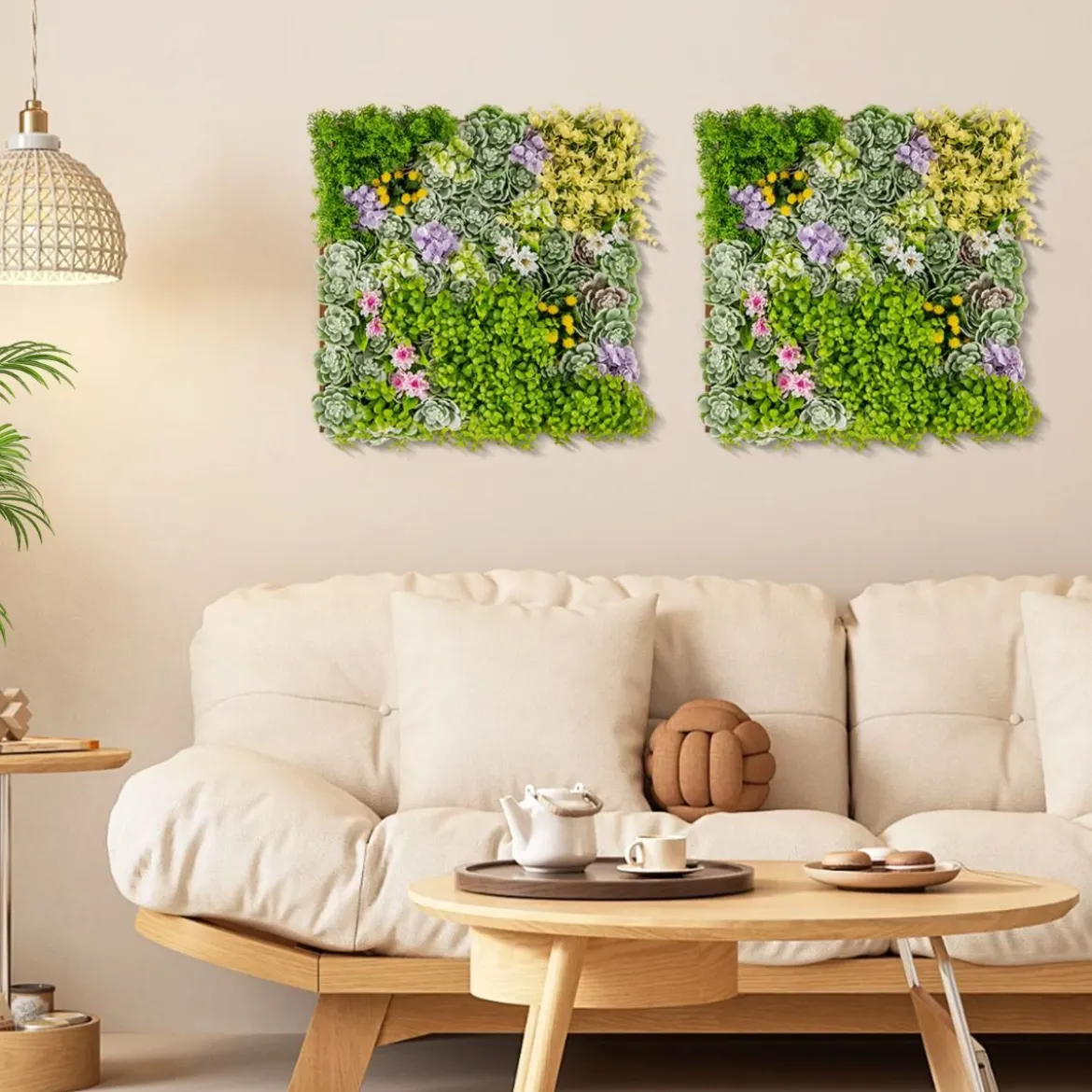 2er-Pack Quadratisch Gerahmte Wandkunst aus Künstlichem Laub 3D-Wandbegrünung 50 x 50 cm