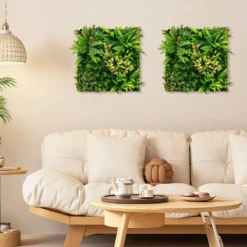 2er-Pack Quadratisch Gerahmte Wandkunst aus Künstlichem Laub 3D-Wandbegrünung 50 x 50 cm