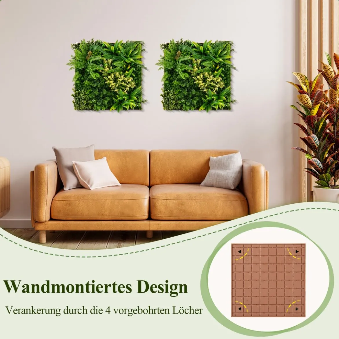 2er-Pack Quadratisch Gerahmte Wandkunst aus Künstlichem Laub 3D-Wandbegrünung 50 x 50 cm