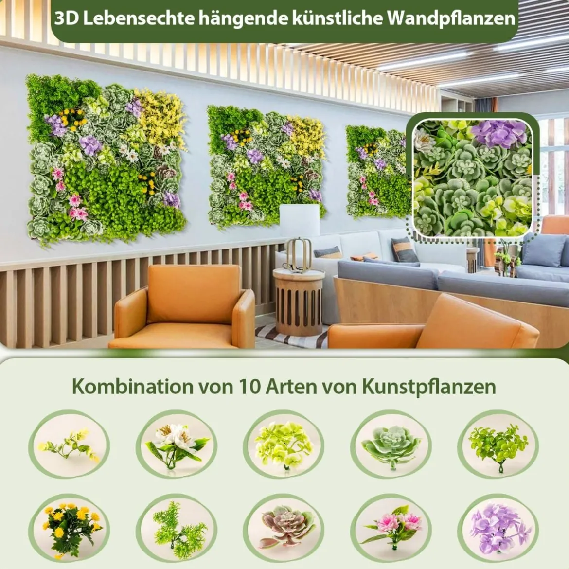2er-Pack Quadratisch Gerahmte Wandkunst aus Künstlichem Laub 3D-Wandbegrünung 50 x 50 cm