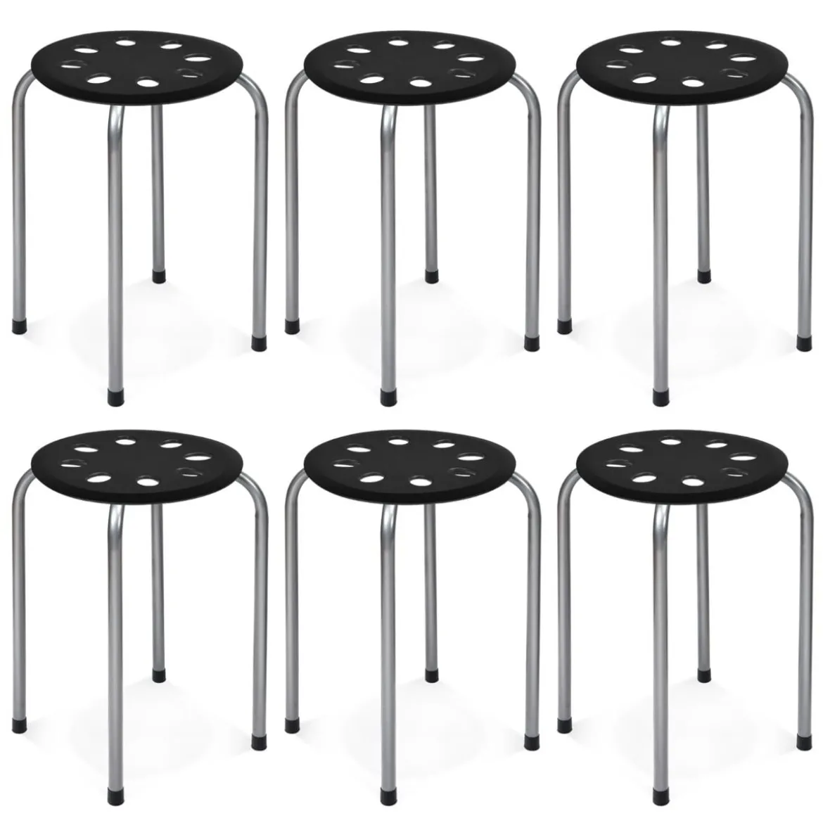 6er-Pack Stapelbare Metallhocker Runder Sitz Hocker 30 x 30 x 44,5 cm Schwarz + Silber