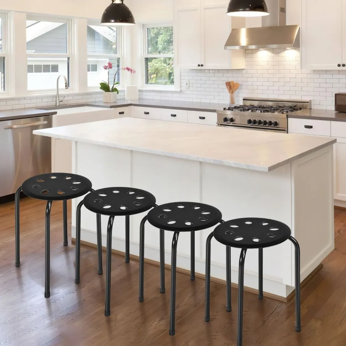 6er-Pack stapelbare Metallhocker mit X-förmigem Metallrahmen Runder Sitz Schwarz