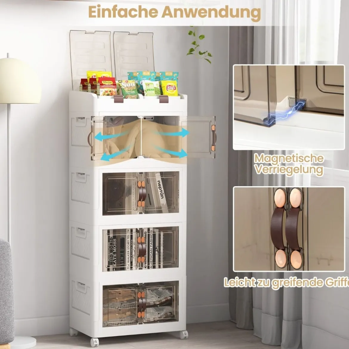 4er-Pack Stapelboxen mit Deckel & Rollen & Türen Faltbare Aufbewahrungsbox Kunststoffbox 210L