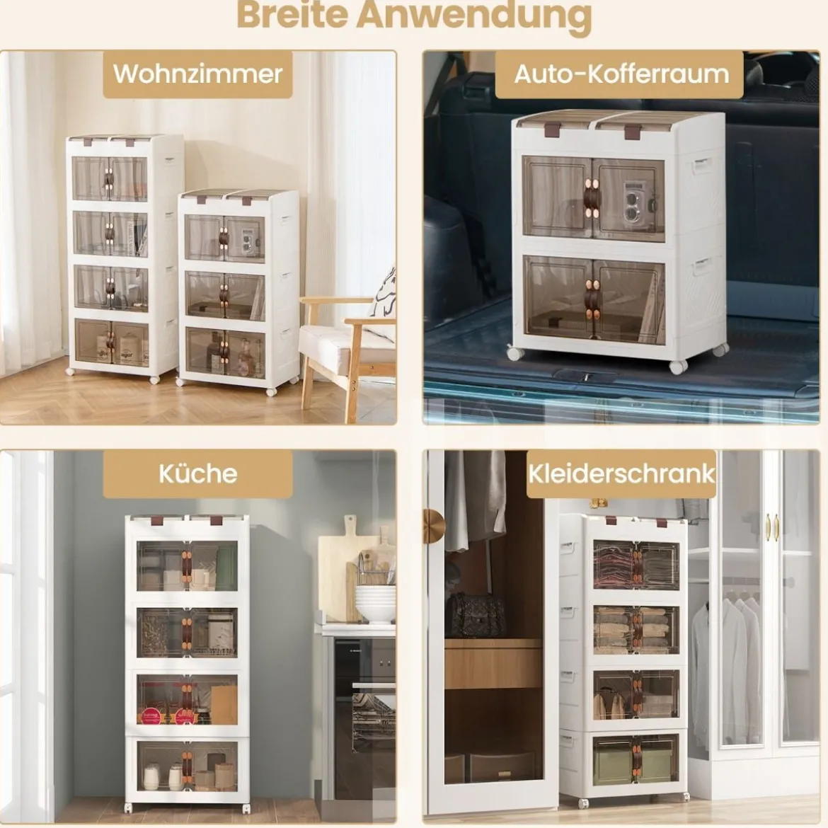 4er-Pack Stapelboxen mit Deckel & Rollen & Türen Faltbare Aufbewahrungsbox Kunststoffbox 210L